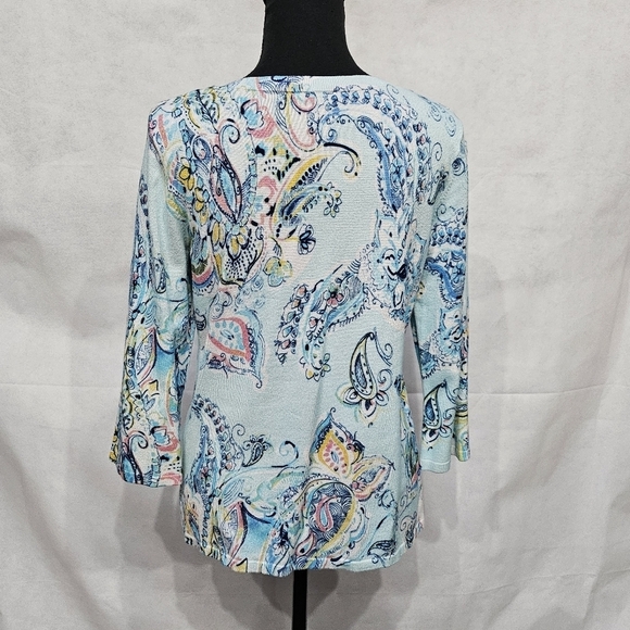 Chico's Paisley Blue Yellow Square Neck Top 72% Rayon 28% Nylon Sz 0 or S - Picture 4 of 7